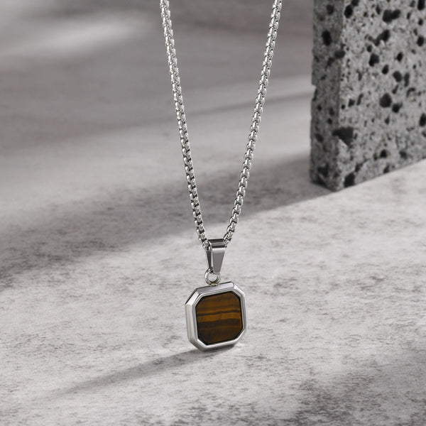 Tigers Eye Square Necklace Tigers Eye Stone Stainless Steel Necklace Mens Chain Confidence and Courage Necklace WATERPROOF/ANTI-TARNISH