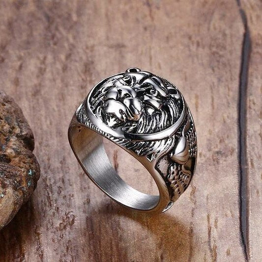Lion Head Ring Band Stainless steel Men's, Silver Polished Ring  Men Jewelry- For Him Gift- Stainless Steel Ring WATERPROOF/ANTI-TARNISH