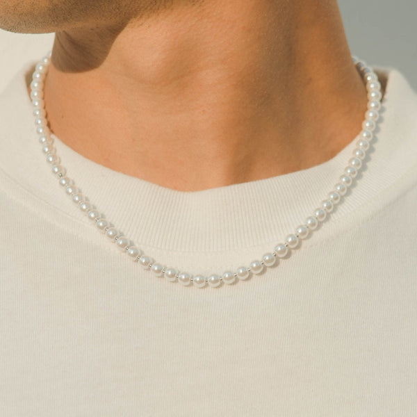 Pearl Necklace For Men, Mens Pearl Necklace Chain, 6mm Pearl Chain Necklace, Stainless Steel Chain, Gift for Him WATERPROOF/ANTITARNISH