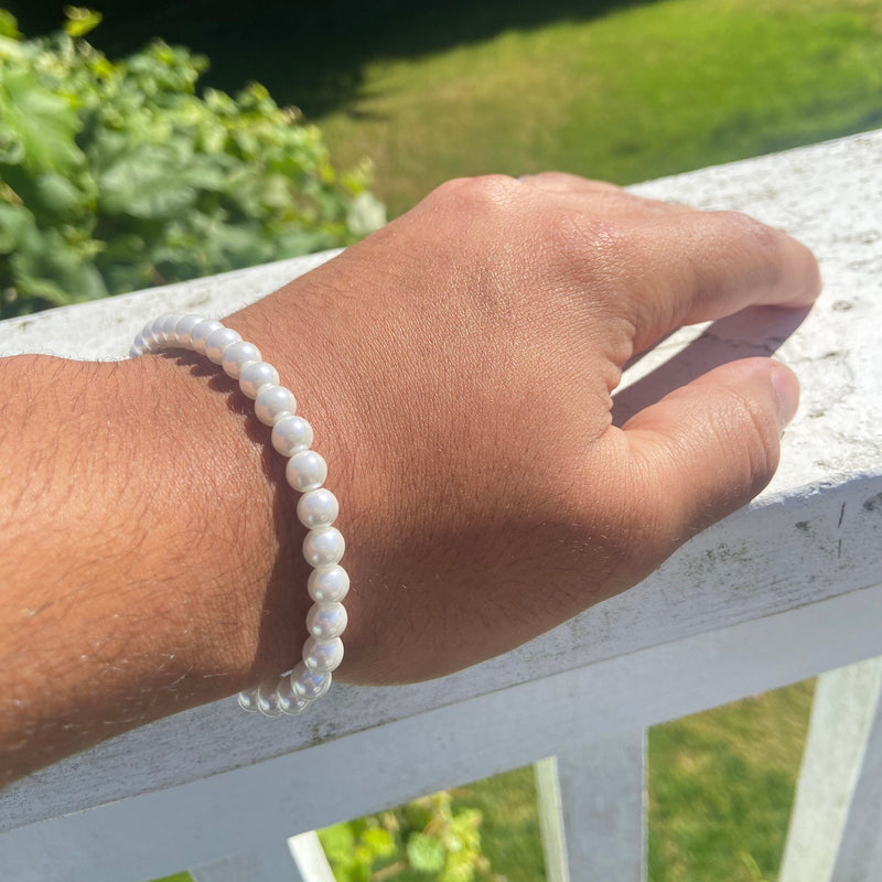 Pearl Bracelet For Men, Mens Pearl Bracelet Chain, 6mm Pearl Chain Bracelet , Stainless Steel Chain, Gift for Him WATERPROOF/ANTITARNISH