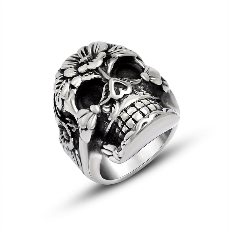 Flower Skull Silver Skull Ring , Flower Skull Ring ,Gothic Silver Skull Ring , Biker Style Ring , Unisex Silver Ring WATERPROOF ANTI-TARNISH