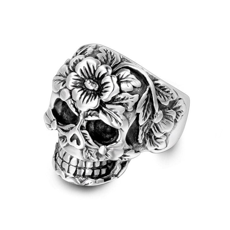 Flower Skull Silver Skull Ring , Flower Skull Ring ,Gothic Silver Skull Ring , Biker Style Ring , Unisex Silver Ring WATERPROOF ANTI-TARNISH