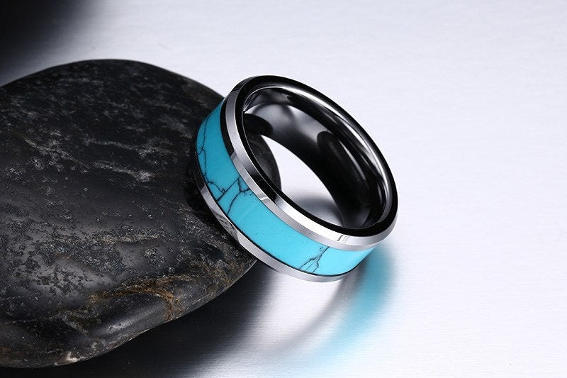 Mens Turquoise Ring Tungsten Wedding Band Gemstone Inlay Ring Tungsten Ring Mens Wedding Band Gemstone Wedding Ring WATERPROOF ANTI-TARNISH