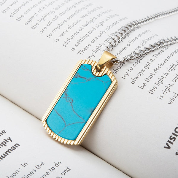 Men Turquoise Dog Tag Men Gold Stainless Steel Turquoise Stone Dog Tag Pendant Necklace Men's Necklace Gifts For Him WATERPROOF/ANTI-TARNISH