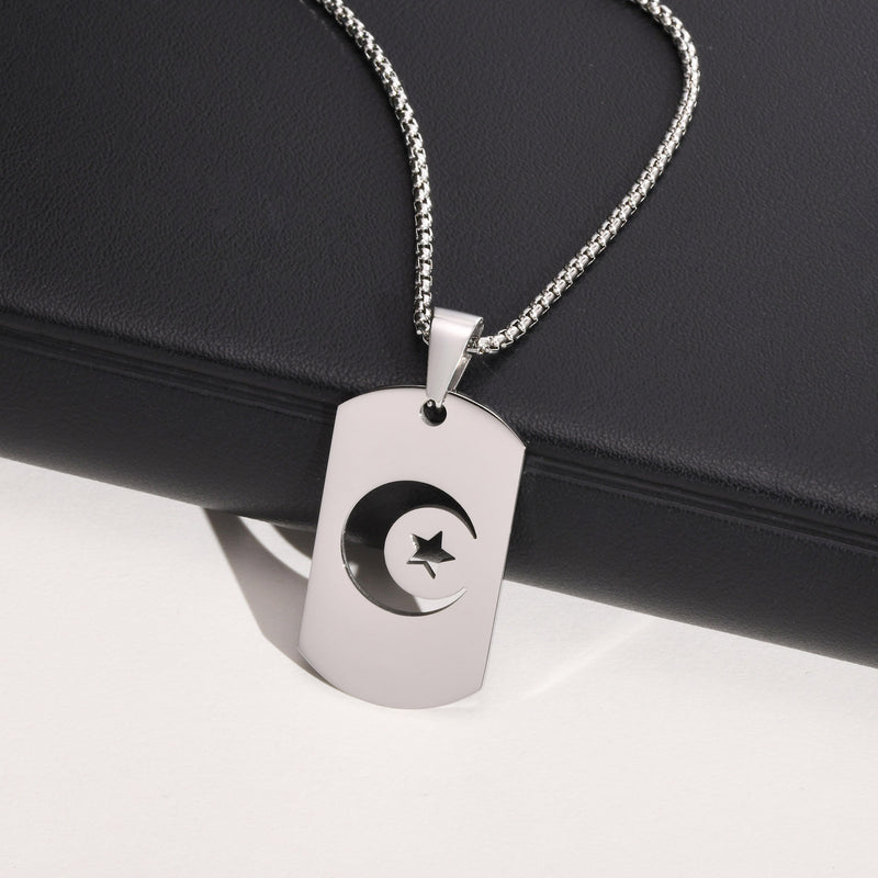 Silver Crescent Moon Star Necklace Men Dog Tag Necklace For Men Steel jewelry dog tag pendant necklace Gifts For Him WATERPROOF/ANTI-TARNISH
