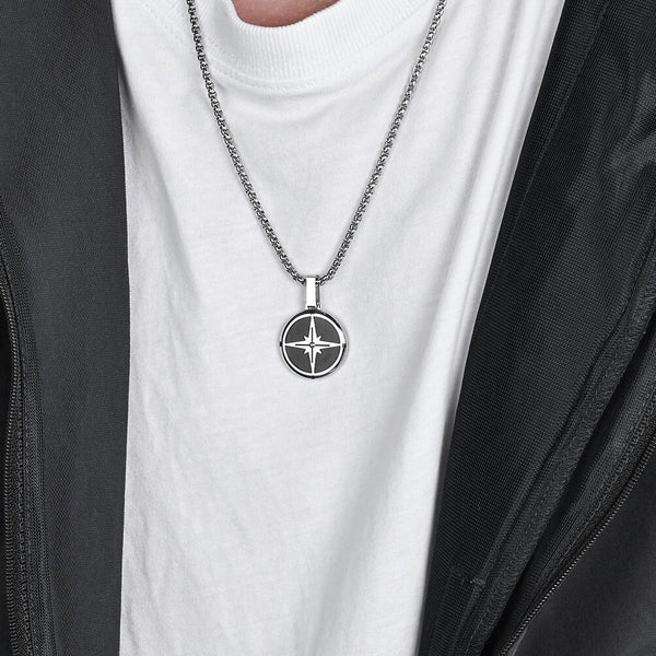 Compass North Star Pendant Chain Men Necklace Silver Pendant Necklace For Men Jewelry Gift For Him WATERPROOF/ANTI-TARNISH