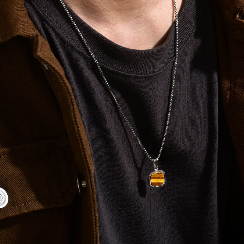 Tigers Eye Square Necklace Tigers Eye Stone Stainless Steel Necklace Mens Chain Confidence and Courage Necklace WATERPROOF/ANTI-TARNISH